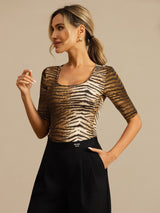 [Tiger] SilkSilky-NO Halv erme Dyp Rund Halsutringning T-skjorte for Kvinner 005