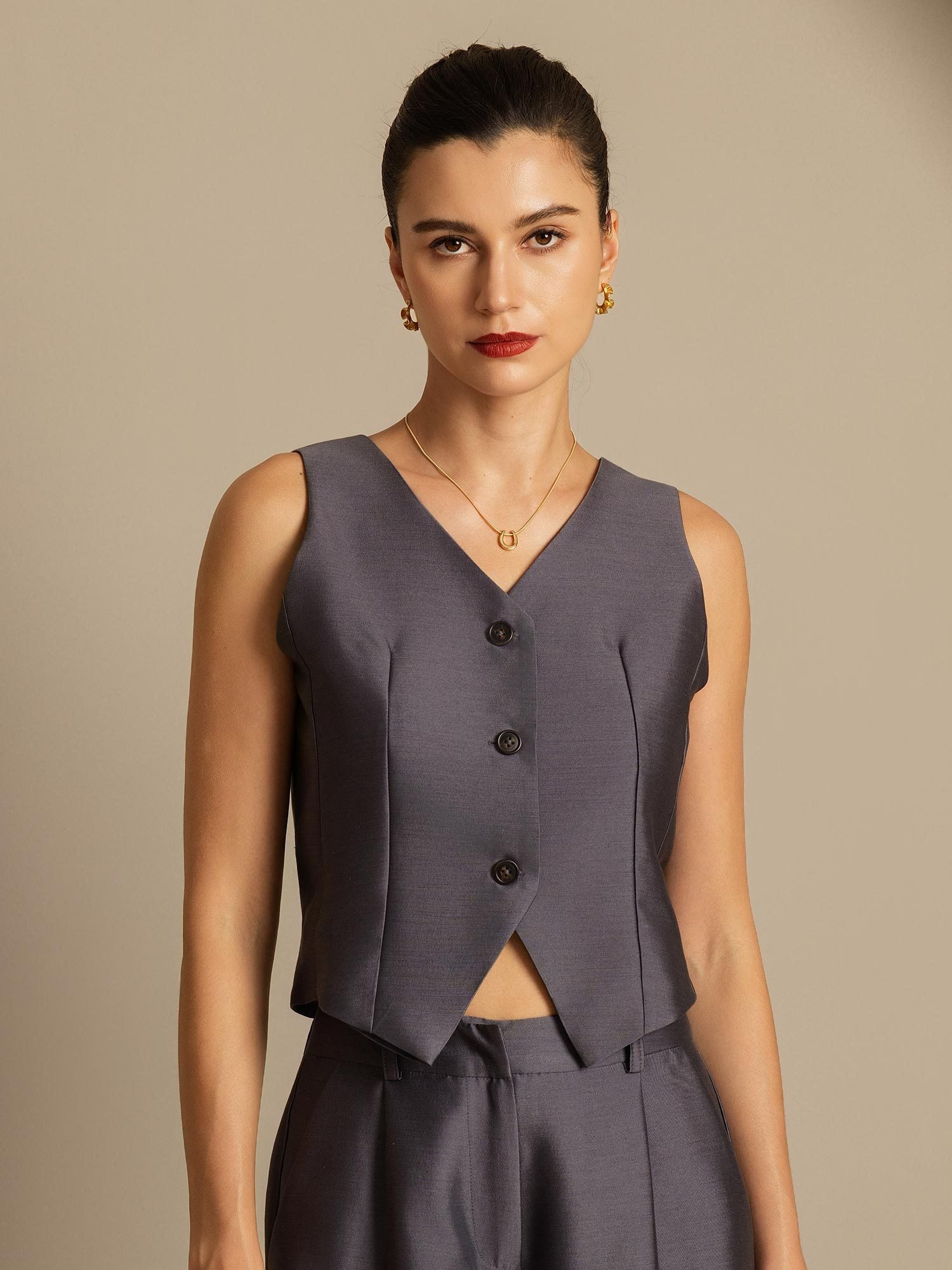 [Grå] SilkSilky-NO 32Momme Silk-Wool Blend Womens Vest 003,