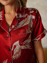 [Mørkerød] SilkSilky-NO Short Sleeve Lapel Collar Pyjamas for Kvinner 004