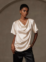 [Beige] SilkSilky-NO Short Sleeve Cowl Neck Damebluser 001