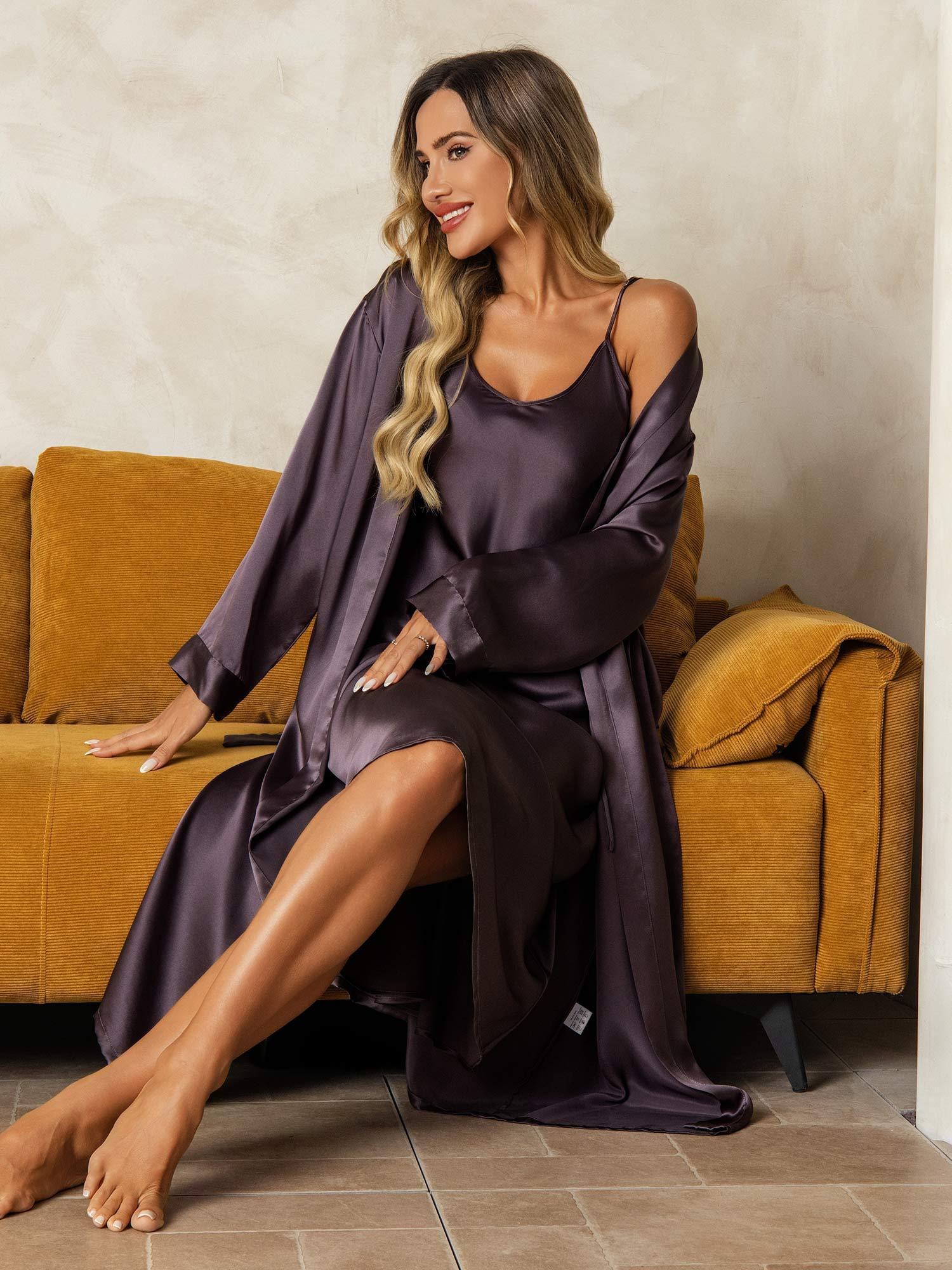 [Lilla Grå] SilkSilky-NO Silke Nightgown&Robe Set 004