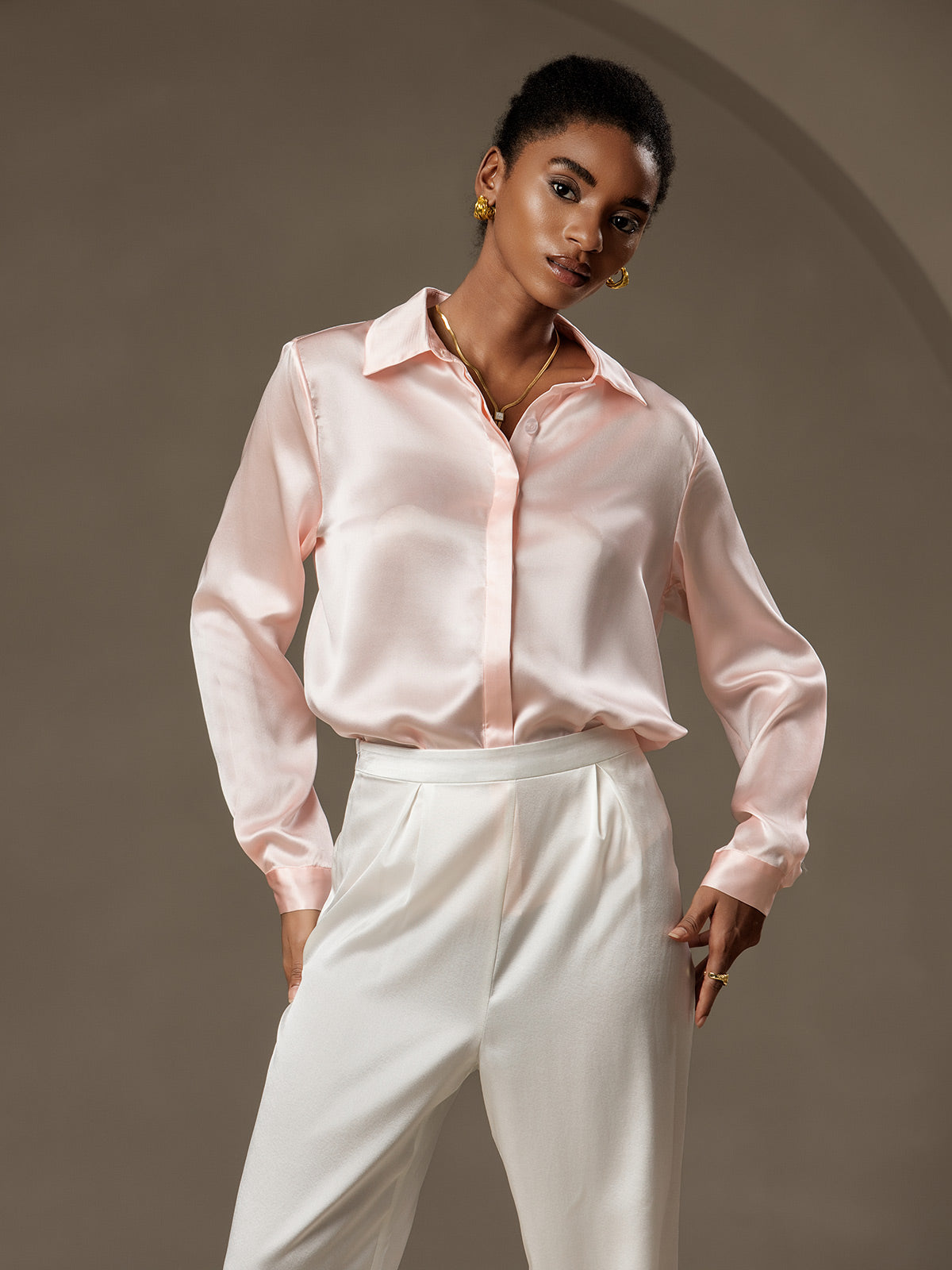 [Rosa] SilkSilky-NO 19Momme Silke Lapel Collar Skjorte for Kvinner 004