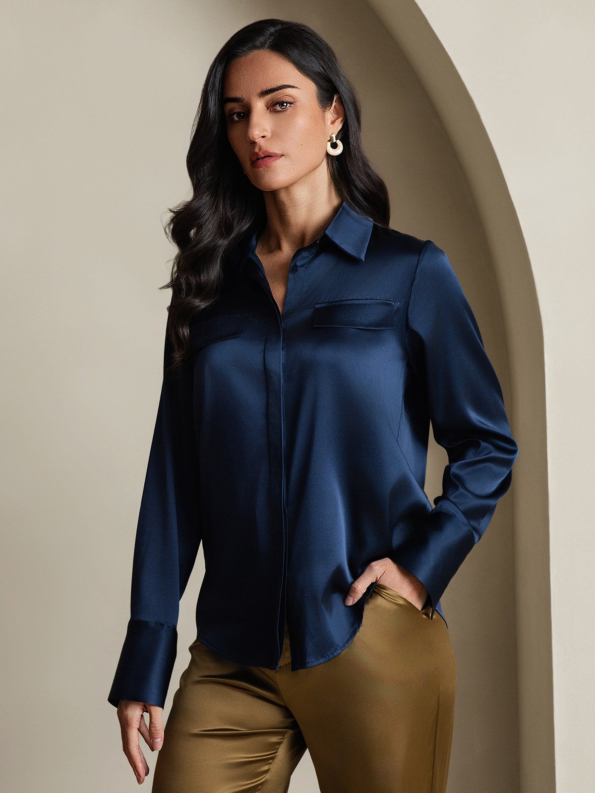 SilkSilky-NO 19Momme Silke Womens Shirt Mørkeblå 001