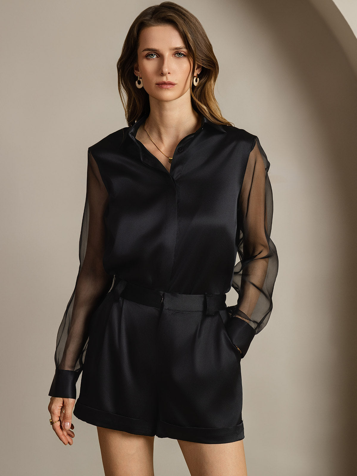 [Svart] SilkSilky-NO 19Momme Silke Lapel Collar Skjorte for Kvinner 005
