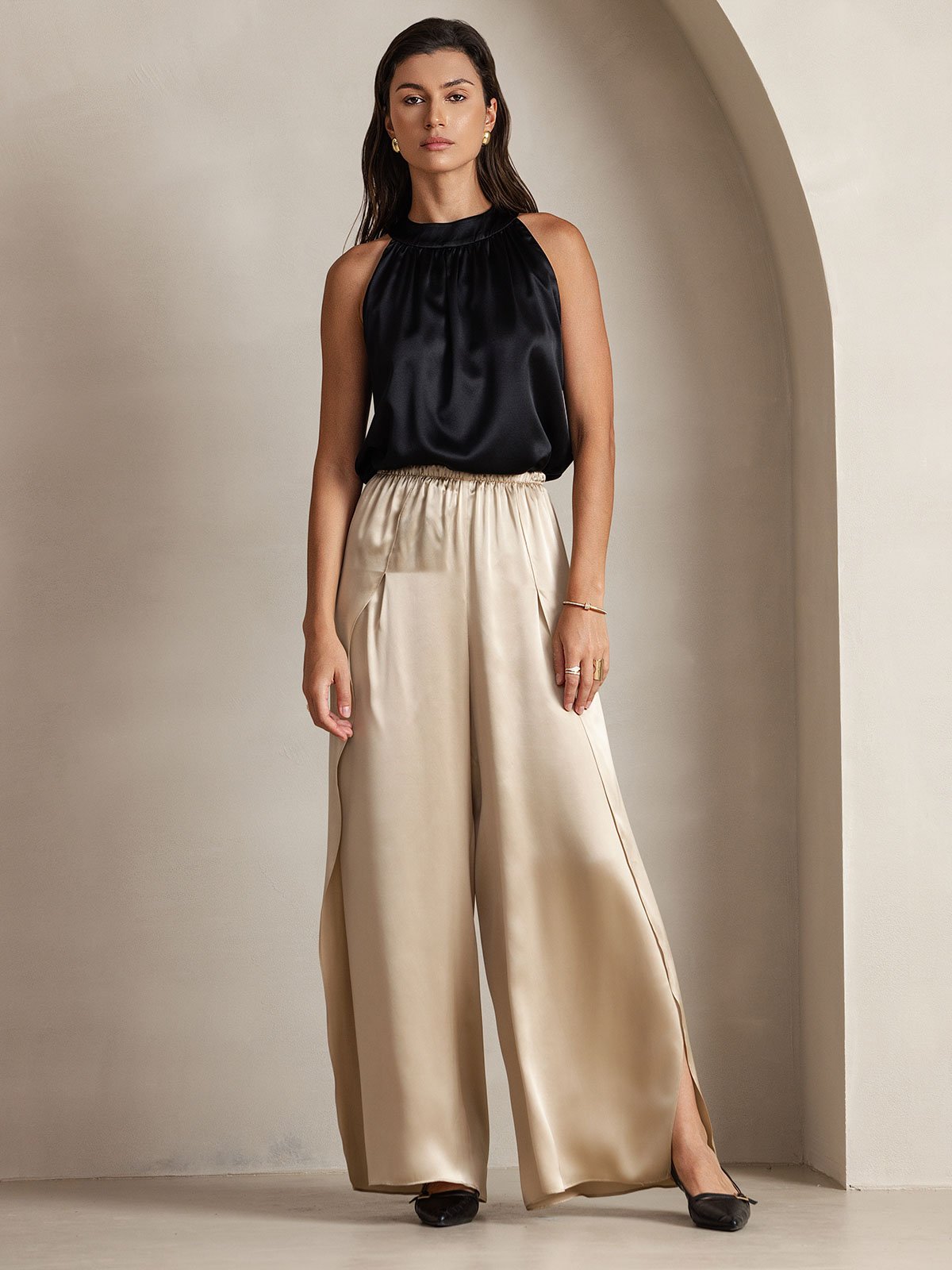 [Svart] SilkSilky-NO 19Momme Silke Womens T-Shirt 006