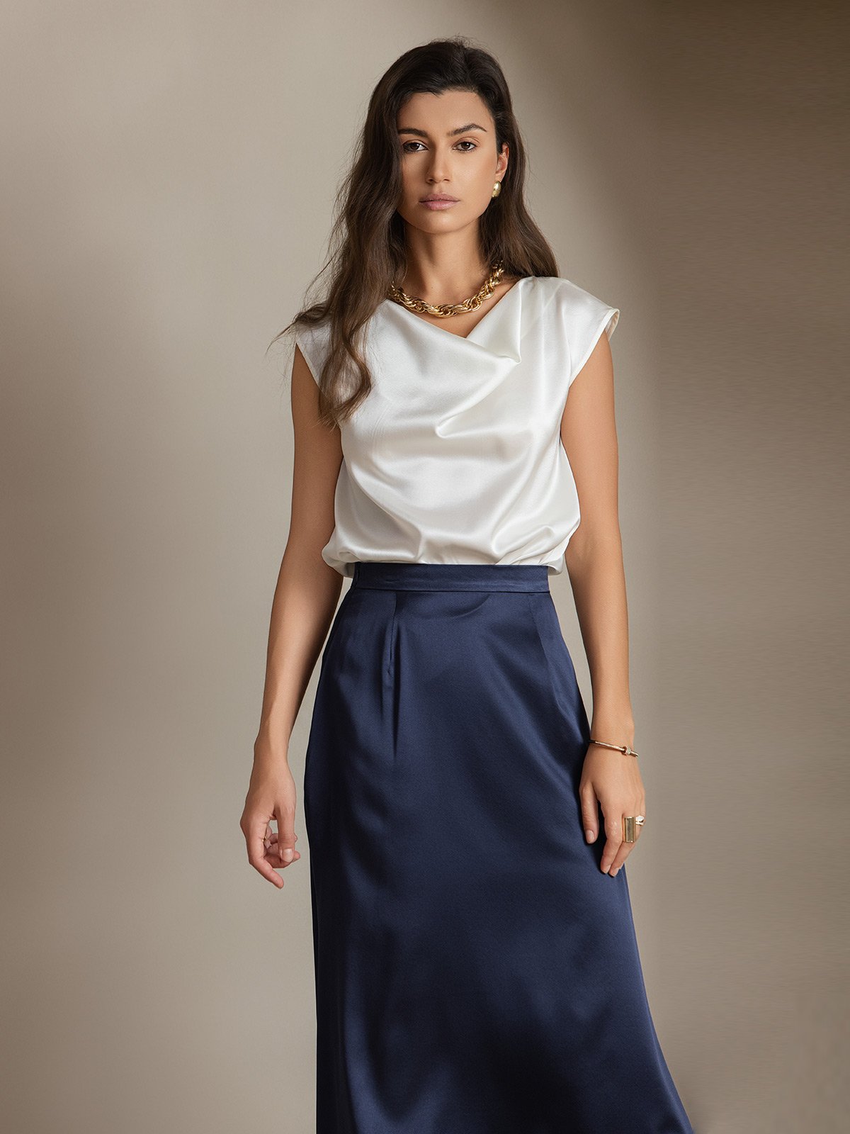 [Hvit] SilkSilky-NO 19Momme Silke Cowl Neck T-skjorte for Kvinner 008