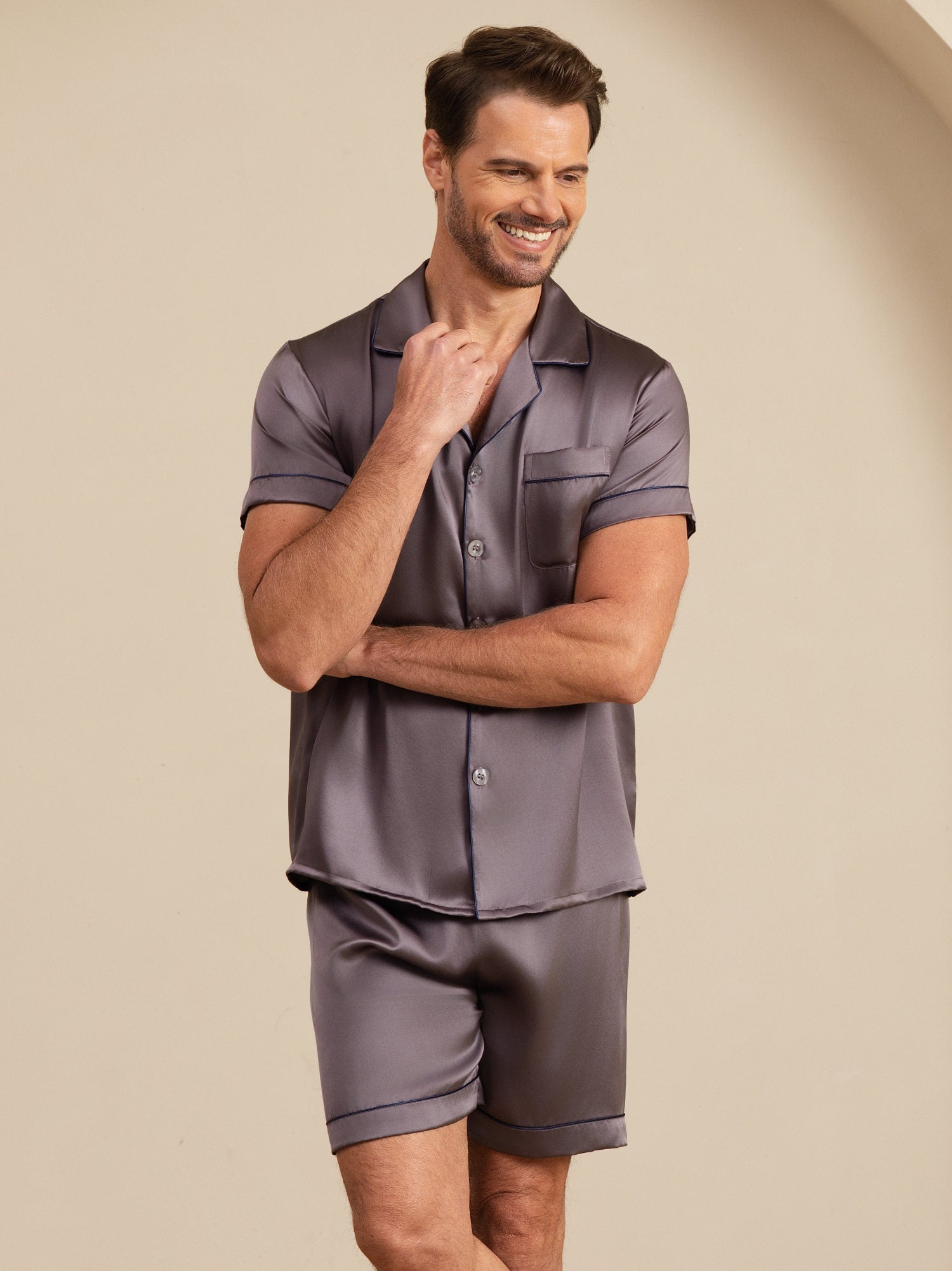 [Lilla Grå] SilkSilky-NO Pyjamas for menn 005