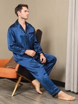 [Mørke blå] SilkSilky-NO Long Sleeve Lapel Collar Pyjamas for menn 003