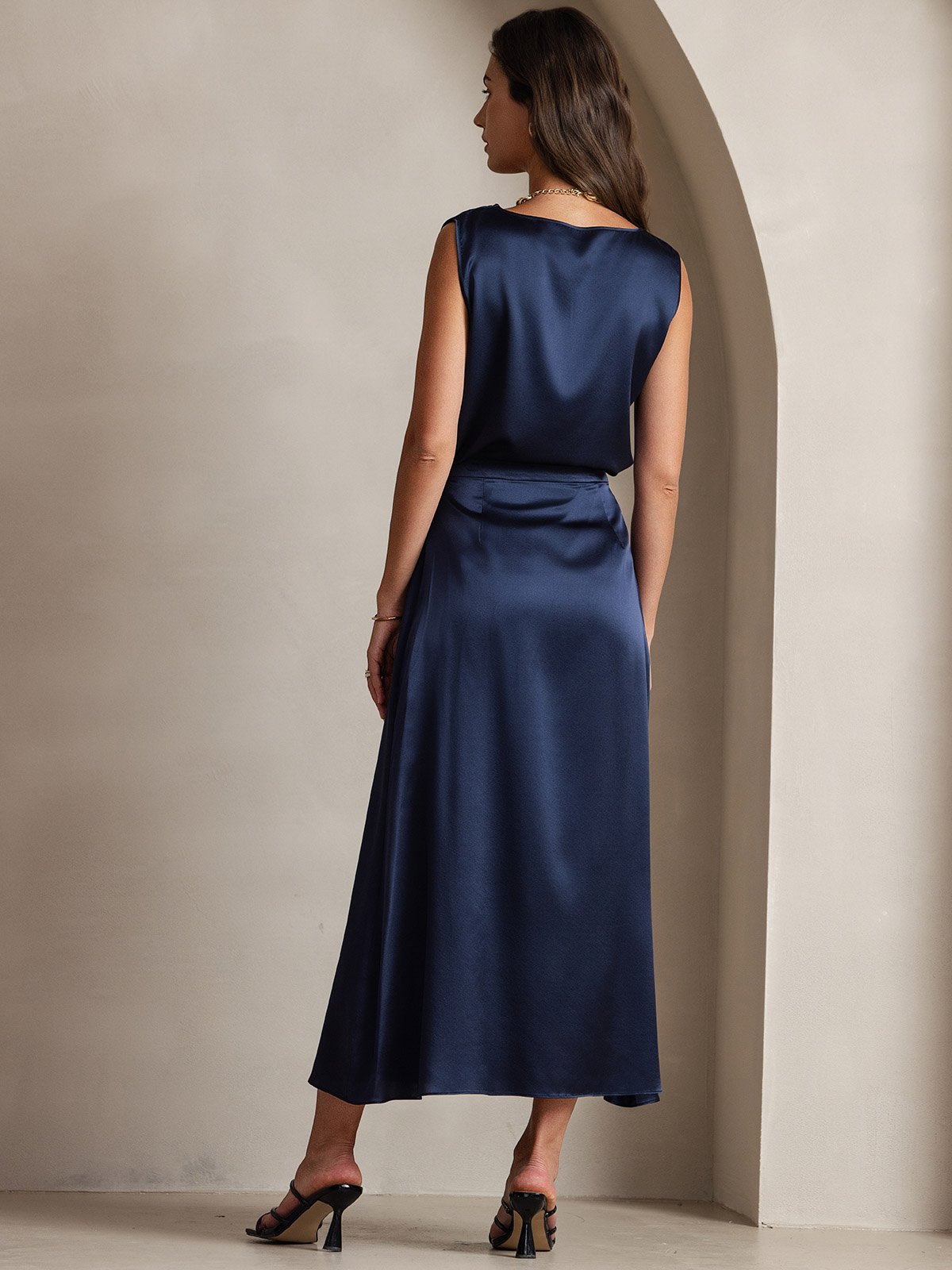 [Mørke blå] SilkSilky-NO 19Momme Silke Skirt 004