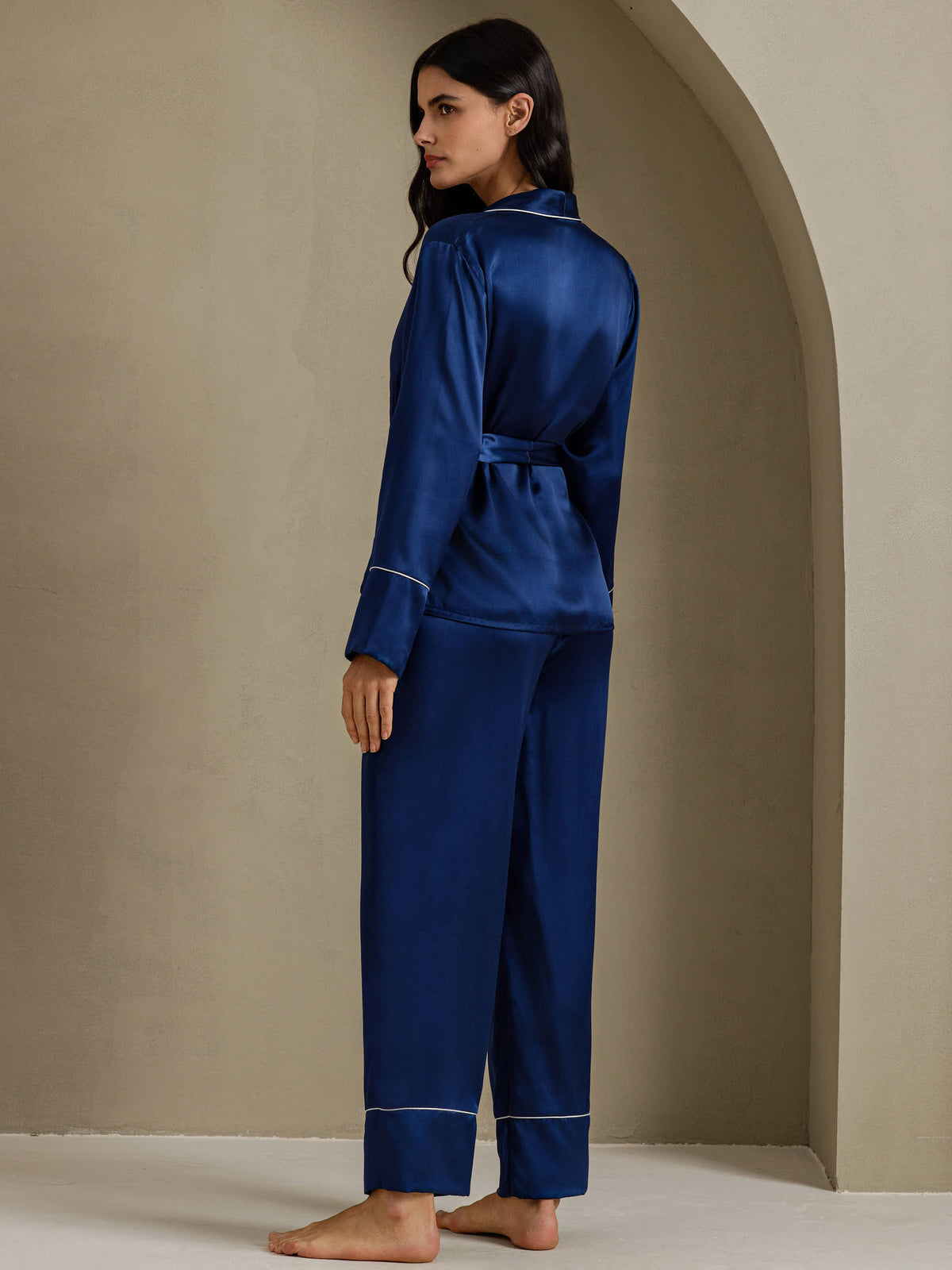 [Mørke blå] SilkSilky-NO Long Sleeve Shawl Collar Pyjamas for Kvinner 002
