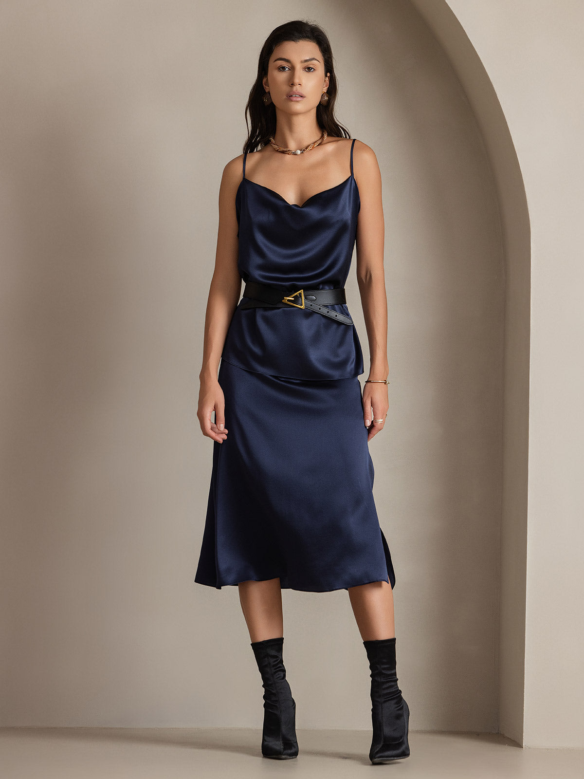 [Mørke blå] SilkSilky-NO 19Momme Silke Skirt 005