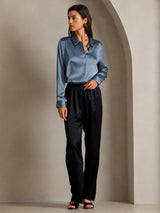 [Ekte Petrol] SilkSilky-NO Long Sleeve Lapel Collar Skjorte for Kvinner 003