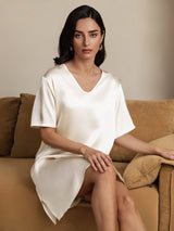 [Beige] SilkSilky-NO Half Sleeve V Neck Nattkjole 006