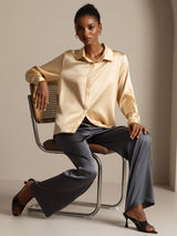 [Champagne] SilkSilky-NO Long Sleeve Lapel Collar Skjorte for Kvinner 009