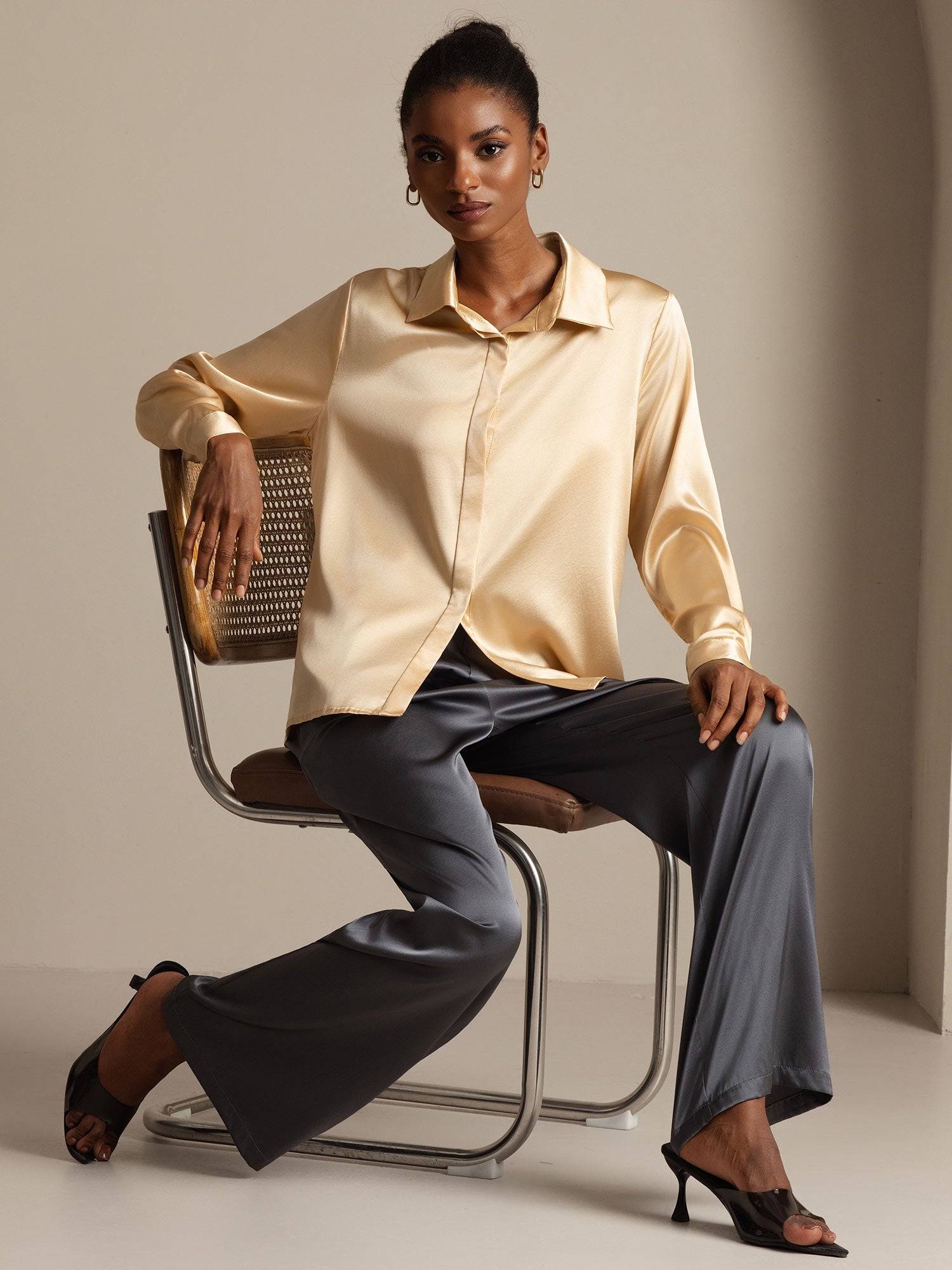 [Champagne] SilkSilky-NO 19Momme Silke Womens Shirt 009