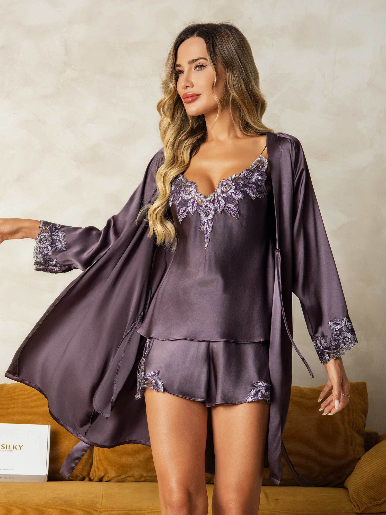 [Lilla Grå] SilkSilky-NO Silke Nightgown&Robe Set 001
