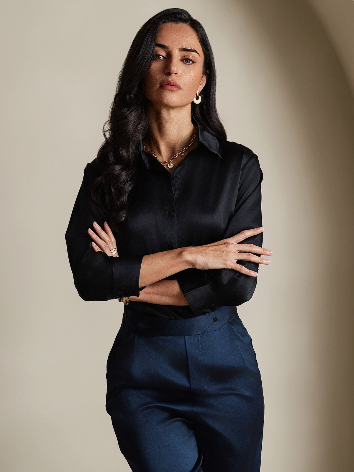 SilkSilky-NO 19Momme Silke Lapel Skjorte for Kvinner Svart 006