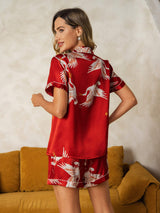 [Mørkerød] SilkSilky-NO Short Sleeve Lapel Collar Pyjamas for Kvinner 002