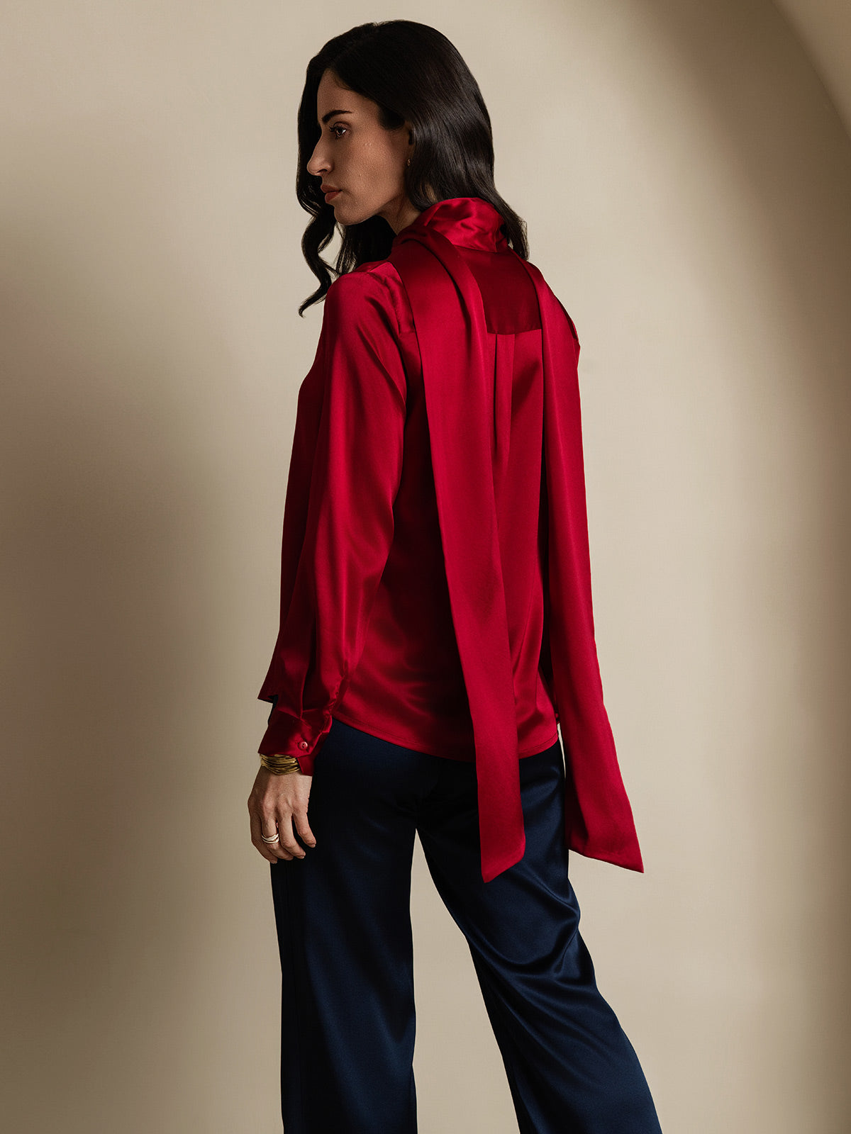 [Vin] SilkSilky-NO 19Momme Silke Long Sleeve Tie Neck Skjorte for Kvinner 002