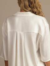 [Hvit] SilkSilky-NO 19Momme Halv erme Notchkrage Pyjamas for Kvinner 004