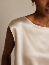 [Beige] SilkSilky-NO Cap Sleeve Round Neck T-skjorte for Kvinner 005