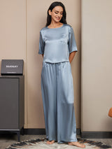 [Gråblå] SilkSilky-NO Halv erme Round Neck Pyjamas for Kvinner 005