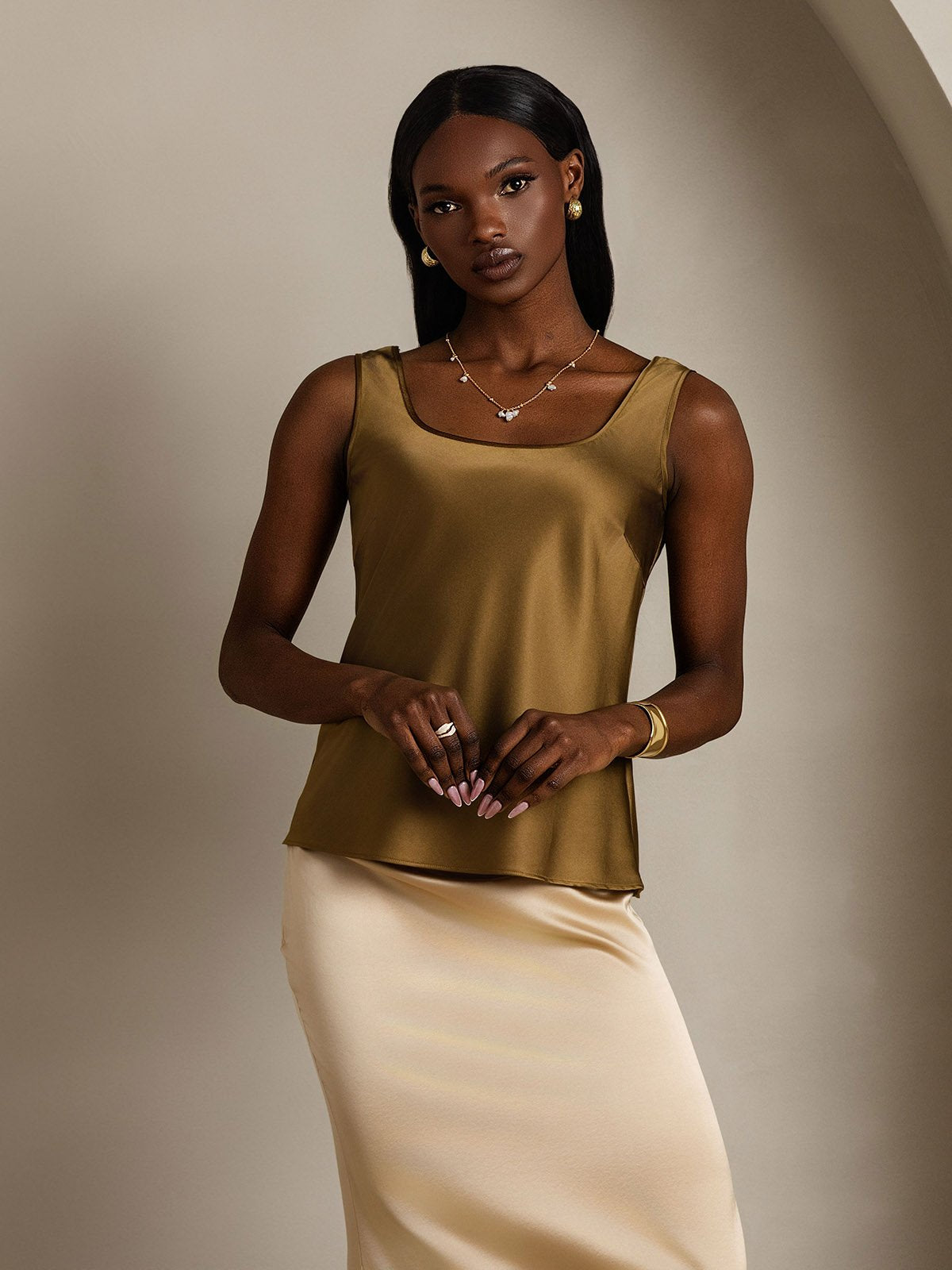 [Brun] SilkSilky-NO 19Momme Silke U-hals Camisole Topp 006