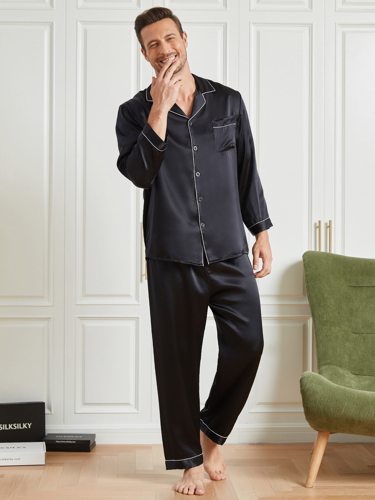 [Svart] SilkSilky-NO 19Momme Mens Pajamas 004