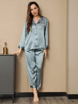 [Stål Blå] SilkSilky-NO Long Sleeve Lapel Collar Pyjamas for Kvinner 001