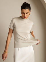 [Grå] SilkSilky-NO 100% Silk Jersey Short Sleeve Falsk Krage T-skjorte for Kvinner 003