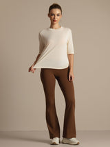 [Beige] SilkSilky-NO Halv erme Tett Crew Neck T-skjorte for Kvinner 008