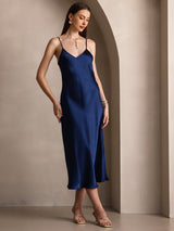[Mørke blå] SilkSilky-NO Spaghetti Strap V Neck Kjole 005