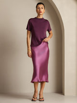 [Lilla] SilkSilky-NO 100% Silk Jersey Short Sleeve Falsk Krage T-skjorte for Kvinner 007