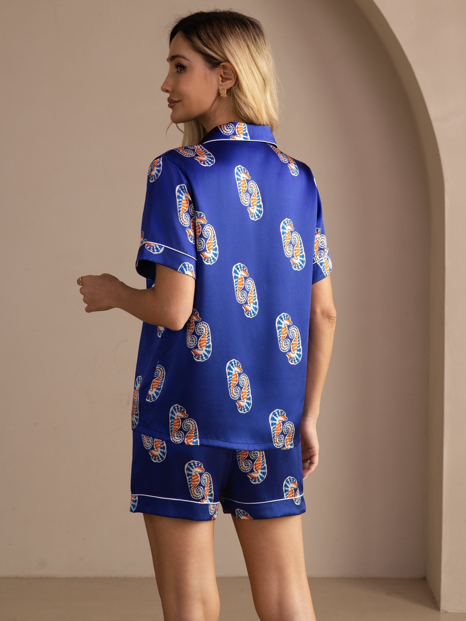 [Marineblå Sjøhest] SilkSilky-NO Short Sleeve Lapel Collar Pyjamas for Kvinner 002