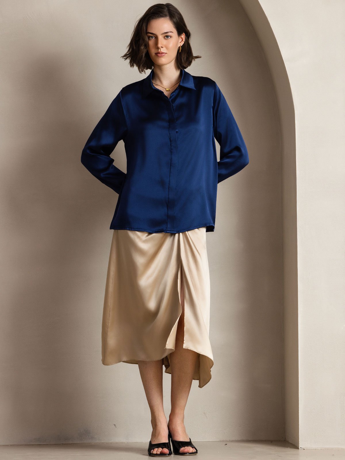 [Mørke blå] SilkSilky-NO 19Momme Silke Womens Shirt 004