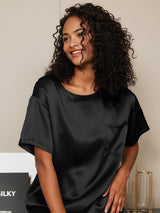[Svart] SilkSilky-NO Short Sleeve Round Neck Pyjamas for Kvinner 003