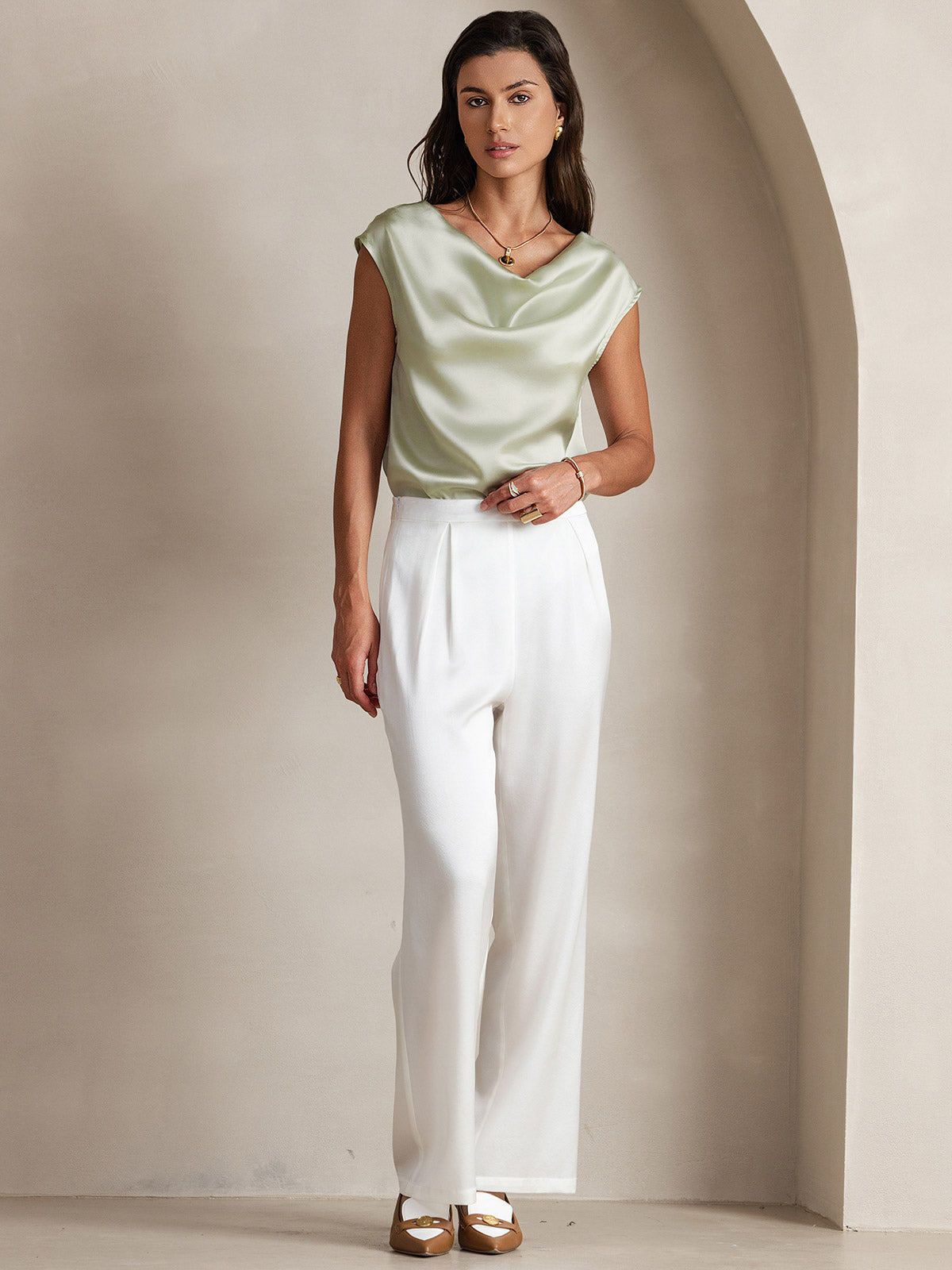 [Lysegrønn] SilkSilky-NO 19Momme Silke Cowl Neck T-skjorte for Kvinner 007