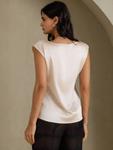 [Beige] SilkSilky-NO Cap Sleeve Round Neck T-skjorte for Kvinner 002
