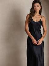[Svart] SilkSilky-NO Spaghetti Strap V Neck Kjole 003