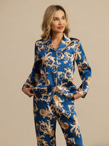 [Navy Drage] SilkSilky-NO Long Sleeve Lapel Collar Pyjamas for Kvinner 006