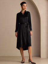 [Svart] SilkSilky-NO Long Sleeve Lapel Collar Kjole 006