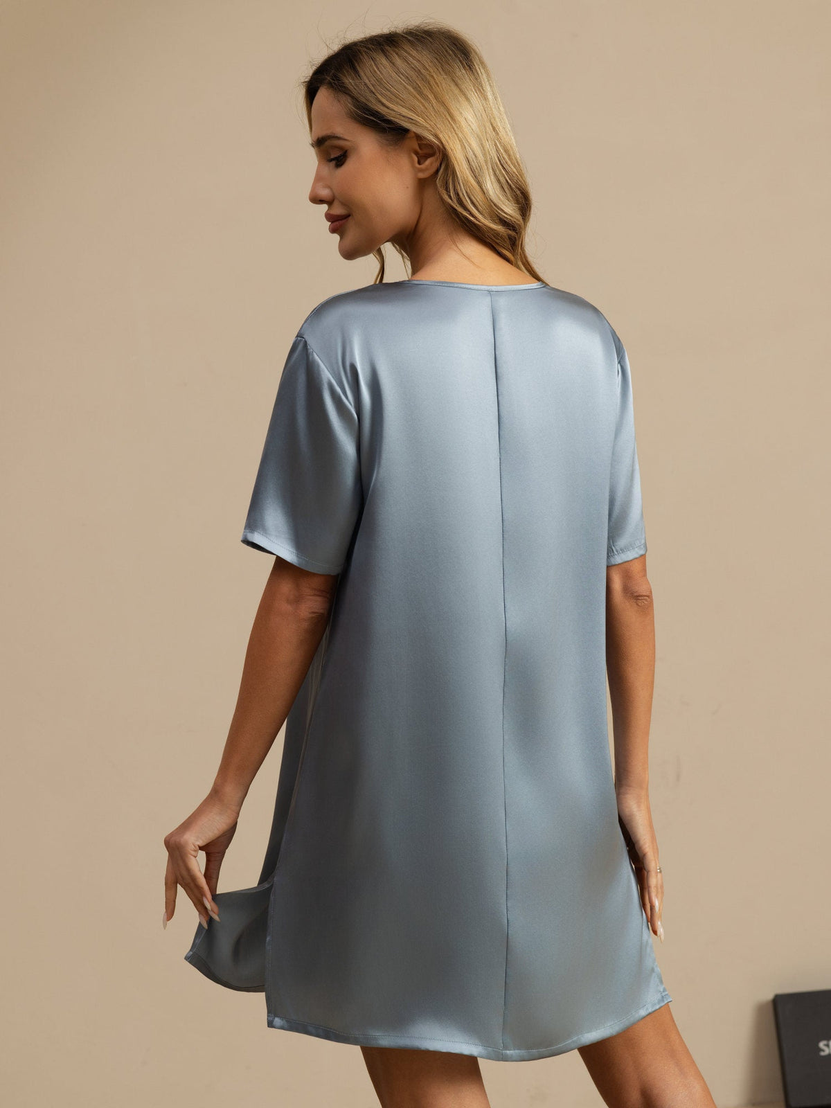 [Gråblå] SilkSilky-NO Half Sleeve V Neck Nattkjole 002