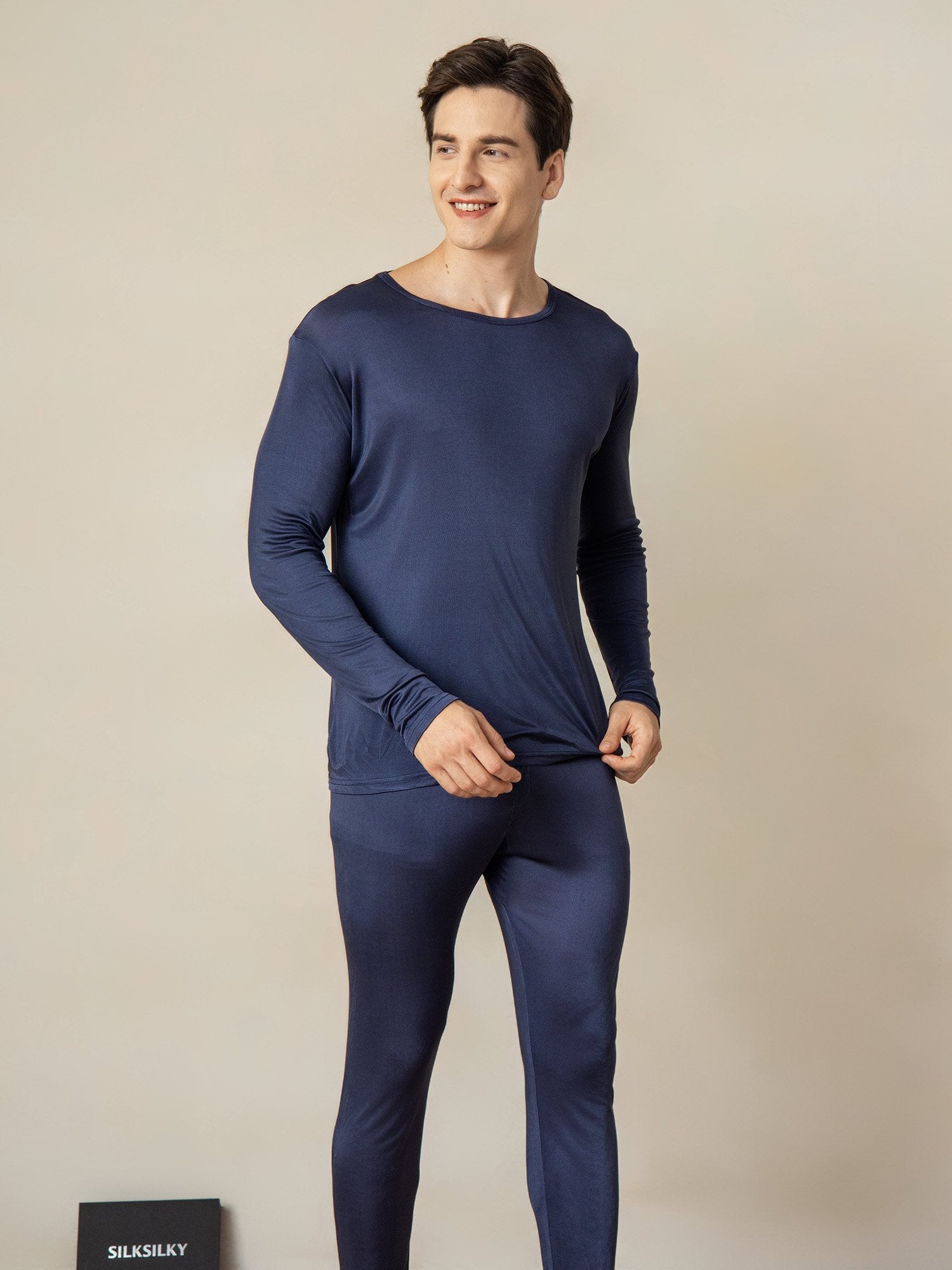 [Mørkeblå] SilkSilky-NO Silke Mens Pajamas 002