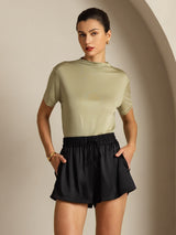 [Tørket Urte] SilkSilky-NO 100% Silk Jersey Short Sleeve Falsk Krage T-skjorte for Kvinner 008