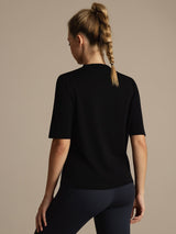[Svart] SilkSilky-NO Halv erme Tett Crew Neck T-skjorte for Kvinner 002