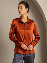 [Karamell] SilkSilky-NO Long Sleeve Lapel Collar Skjorte for Kvinner 001