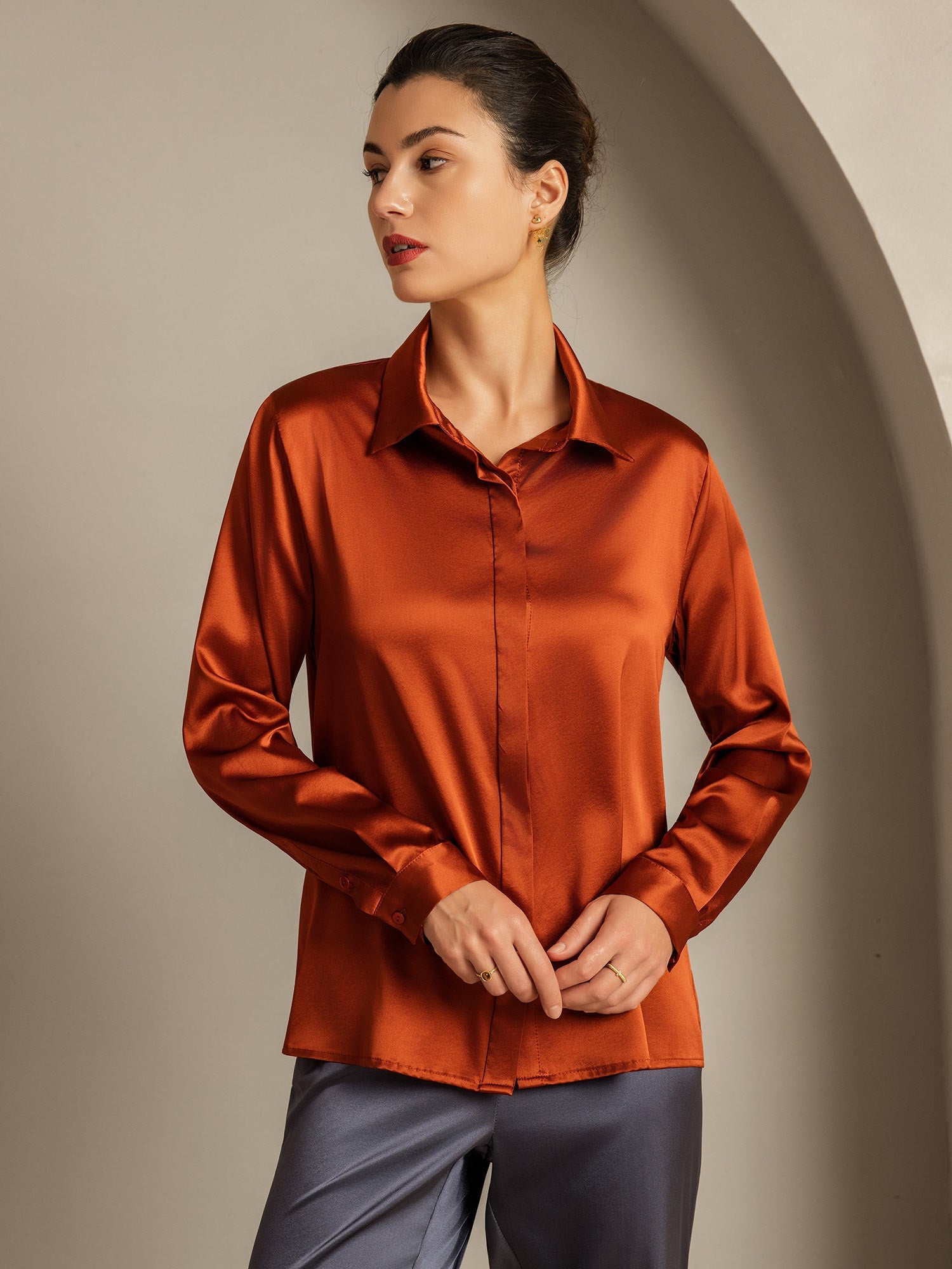 [Karamell] SilkSilky-NO 19Momme Silke Womens Shirt 001
