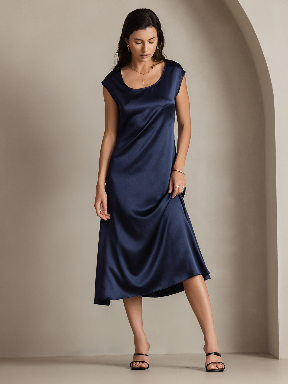 [Mørke blå] SilkSilky-NO 19Momme Silke Dress 004