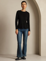[Svart] SilkSilky-NO Long Sleeve Crew Neck T-skjorte for Kvinner 008