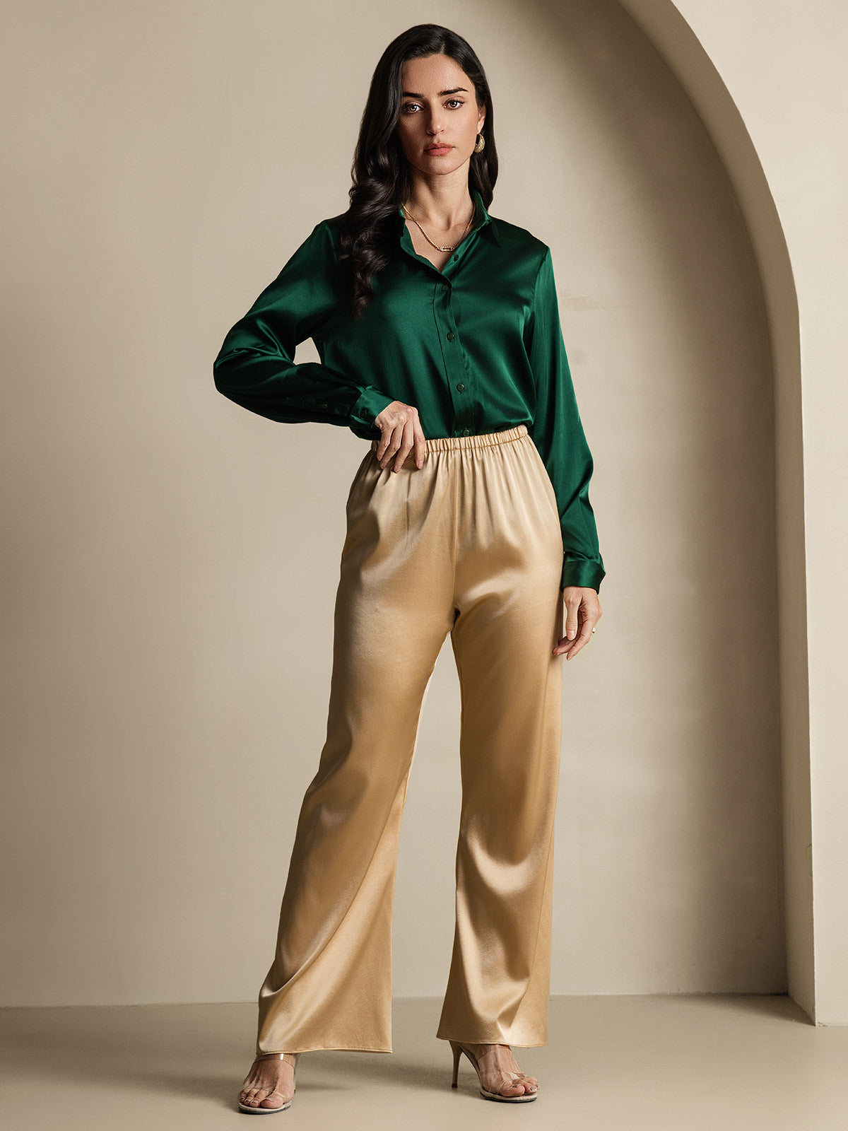 SilkSilky-NO 19Momme Silke Womens Shirt MørkGrønn 009